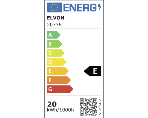 Etichetă energetică UE pentru Elvon 20736, clasa de eficiență energetică E, consum de energie 20 kilowați-oră la 1000 de ore.