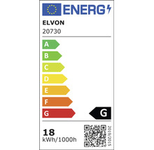 Etichetă energetică pentru ELVON 20730. Clasa de eficiență energetică G pe o scară de la A la G. Consum 18 kilowați-oră la 1000 de ore.