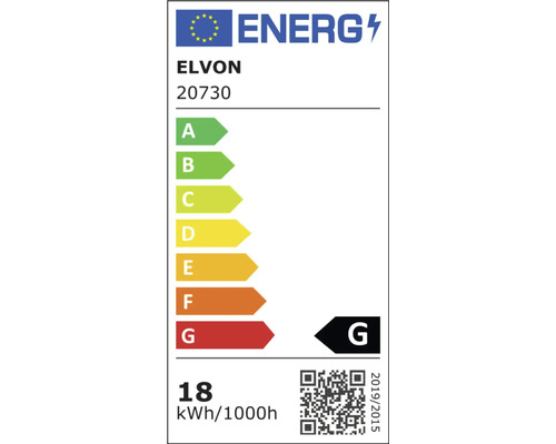Etichetă energetică pentru ELVON 20730. Clasa de eficiență energetică G pe o scară de la A la G. Consum 18 kilowați-oră la 1000 de ore.