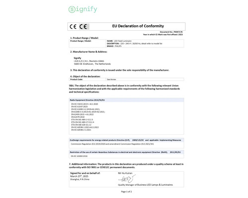 Declarație de conformitate UE pentru corpuri de iluminat fixe cu LED Philips de la Signify cu marcaj CE.