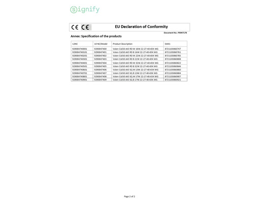 Declarație de conformitate a Uniunii Europene pentru corpurile de iluminat LED Signify cu logo Signify, specificații de produs și marcaj CE.