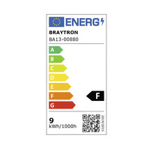 Etichetă energetică europeană pentru Braytron BA13-00880, clasa de eficiență energetică F, consum 9 kilowați oră pe 1000 de ore.