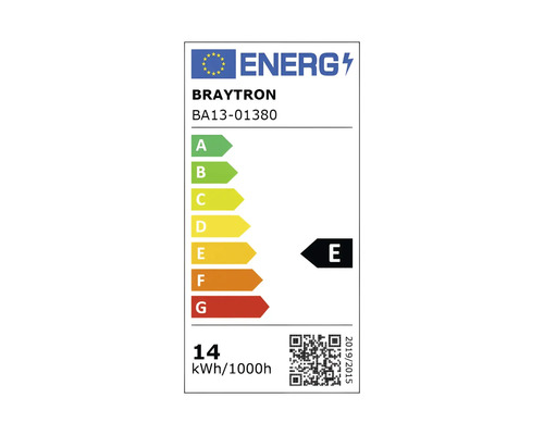 Etichetă energetică Braytron BA13-01380, clasa de eficiență energetică E, 14 kilowați-oră la 1000 de ore.