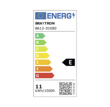 Etichetă energetică europeană Braytron BA13-01080, clasa de eficiență E pe o scară de la A la G, consum 11 kilowați-oră la 1000 de ore.