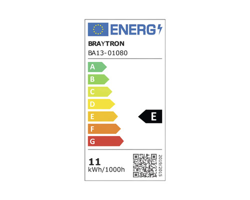 Etichetă energetică europeană Braytron BA13-01080, clasa de eficiență E pe o scară de la A la G, consum 11 kilowați-oră la 1000 de ore.