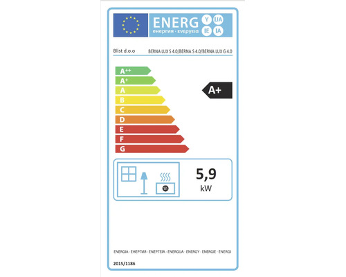Eticheta energetică UE pentru soba Blist Berna Lux S 4.0 cu clasă de eficiență energetică A plus și putere nominală de 5,9 kilowați.