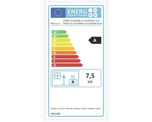 Eticheta energetică UE pentru sobe Blist cu clasa de eficiență energetică A și o putere de 7,5 kilowați.