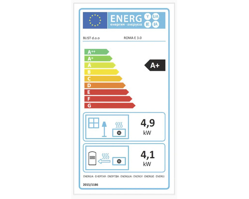 Etichetă energetică UE pentru sobă Blist Roma E 3.0 cu clasă de eficiență energetică A plus și putere nominală.