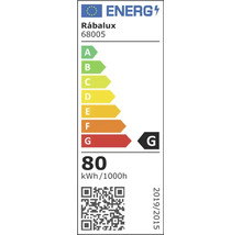 Eticheta energetică UE pentru corpul de iluminat Rabalux model 68005 cu clasă de eficiență energetică G și consum de 80 kWh la 1000 ore