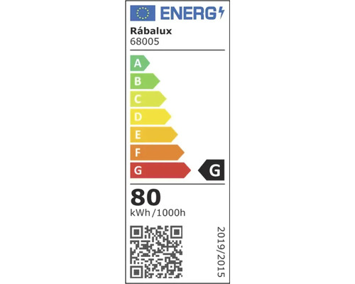 Eticheta energetică UE pentru corpul de iluminat Rabalux model 68005 cu clasă de eficiență energetică G și consum de 80 kWh la 1000 ore