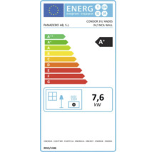 Etichetă energetică pentru sobă Panadero Condor 3V, Andes 3V și Inca Wall cu clasă de eficiență energetică A plus și putere de 7,6 kilowați.