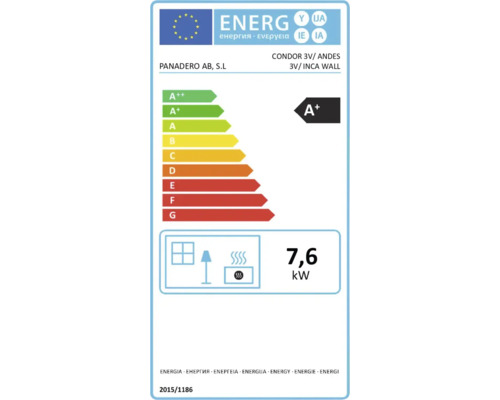 Etichetă energetică pentru sobă Panadero Condor 3V, Andes 3V și Inca Wall cu clasă de eficiență energetică A plus și putere de 7,6 kilowați.