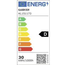 Etichetă energetică Klausen Exim KL151173 cu clasă de eficiență energetică D și un consum de 30 kilowați oră la 1000 de ore