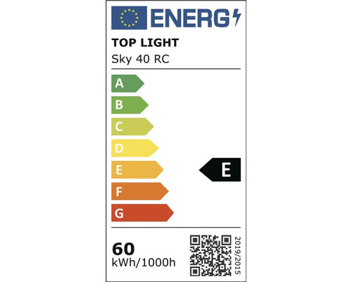 Etichetă energetică UE pentru corpul de iluminat Top Light Sky 40 RC, clasa de eficiență energetică E, consum 60 kilowați oră la 1000 ore.