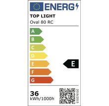 Eticheta energetica pentru corpul de iluminat Top Light Oval 80 RC cu clasa de eficienta energetica E si consum de 36 kilowatti ora la 1000 ore.