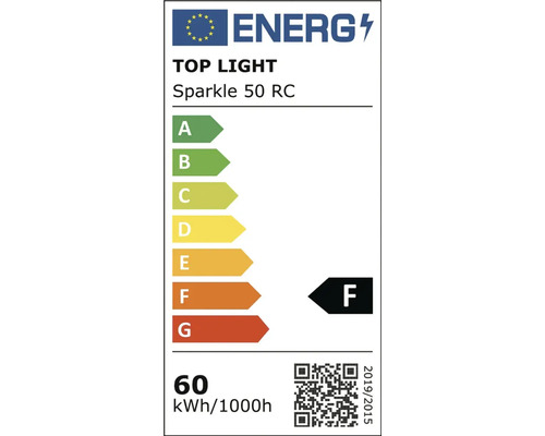Etichetă energetică UE pentru corpul de iluminat Top Light Sparkle 50 RC clasa energetică F consum de 60 kilowați oră la 1000 ore