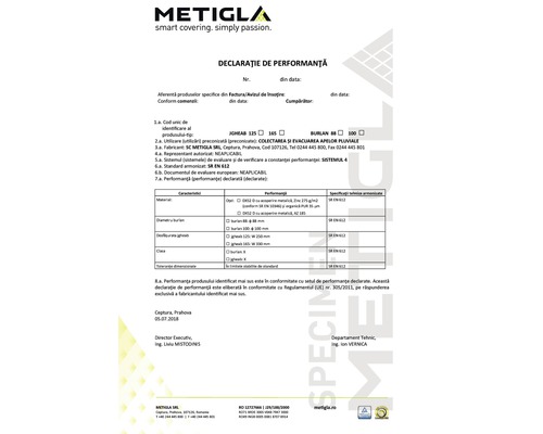Declarația de performanță Metigla