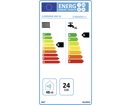 Etichetă energetică pentru încălzire și preparare de apă caldă cu clase de eficiență și informații despre performanță