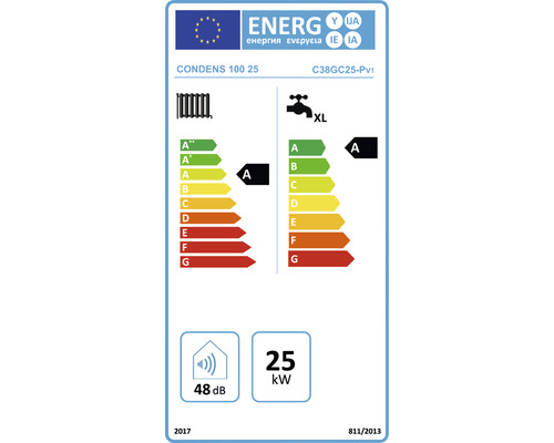 Etichetă energetică pentru aparat de încălzire cu 25 de kilowați și 48 de decibeli