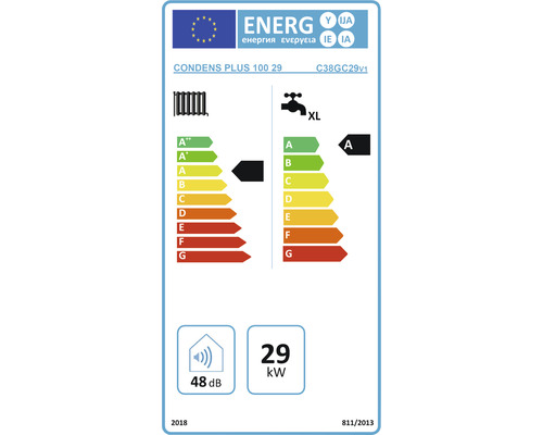 Etichetă energetică pentru sistemul de încălzire cu informații despre eficiența energetică, prepararea apei calde, emisiile sonore și putere