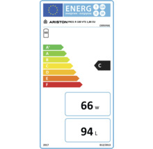 Etichetă energetică pentru boiler Ariston cu clasa de eficiență energetică C, 66 wați și capacitate de 94 litri.