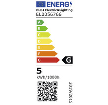 Etichetă energetică ELBI Electric and Lighting, clasa de eficiență energetică G, consum de energie 5 kWh la 1000 de ore
