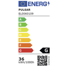 Etichetă energetică Pulsar cu clasa de eficiență energetică G și un consum de energie de 36 kilowați oră la 1000 de ore