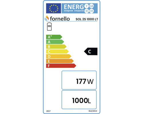 Etichetă energetică pentru Fornello SOL 2S 1000 LT cu clasa de eficiență energetică C, consum de energie de 177 wați și volum de 1000 litri.