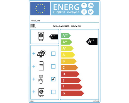 Etichetă energetică pentru Hitachi RWD-4.0NW1E-220S plus RAS-4WHNPE cu clasa de eficiență energetică A plus plus