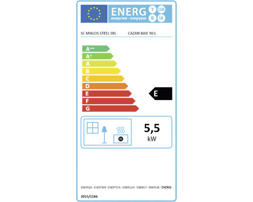 Etichetă energetică pentru CAZAN BAIE 90 L cu clasa de eficiență energetică E și un consum de energie de 5,5 kW
