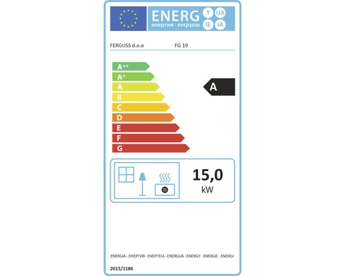 Etichetă energetică cu clasa de eficiență energetică A și un consum de energie de 15,0 kilowați.