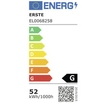 Etichetă energetică a lămpii cu clasa de eficiență energetică G și un consum de 52 kilowați oră la 1000 de ore