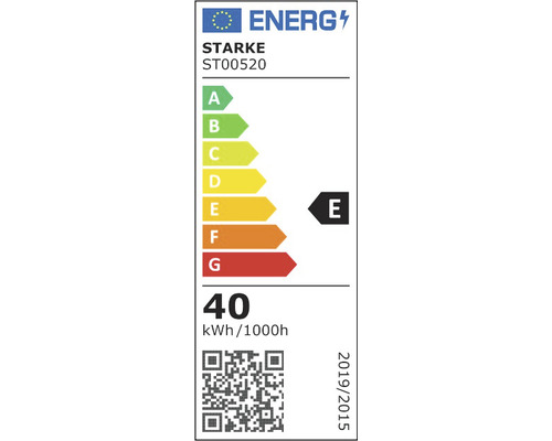 Etichetă energetică cu clasa de eficiență energetică E, consum de energie 40 kilowați-oră la 1000 de ore, marca Starke