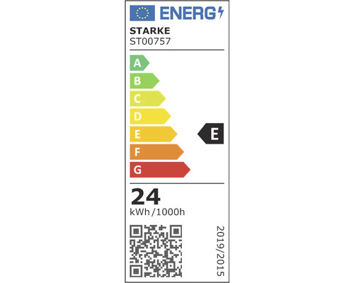 Etichetă energetică cu clasa de eficiență energetică E și un consum de 24 kWh la 1000 de ore
