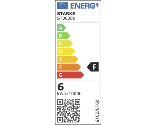 Etichetă energetică a mărcii Starke, model ST00380, cu clasa de eficiență energetică F și un consum de 6 kWh la 1000 de ore.