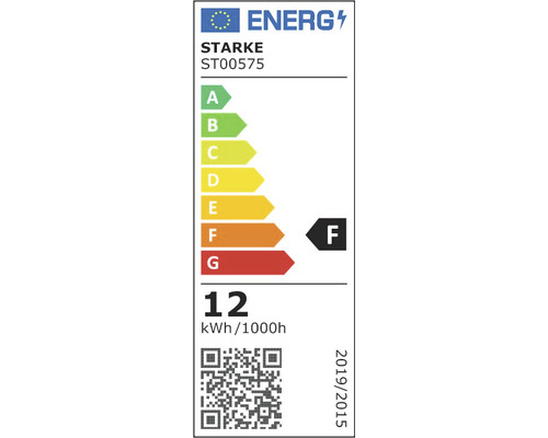 Etichetă energetică cu clasa de eficiență energetică F, consum de energie de 12 kilowați oră la 1000 de ore