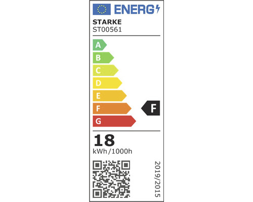 Etichetă energetică Starke ST00561 cu clasa de eficiență energetică F și un consum de 18 kWh la 1000 de ore