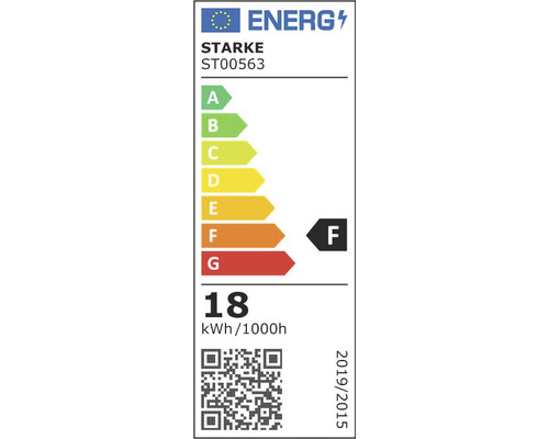 Etichetă energetică cu clasa de eficiență energetică F, consum de energie 18 kilowați-oră la 1000 de ore