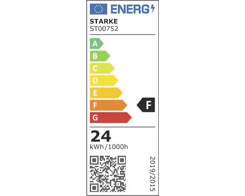 Etichetă de eficiență energetică cu clasa de eficiență energetică F, consum de energie de 24 kWh la 1000 de ore și cod QR.
