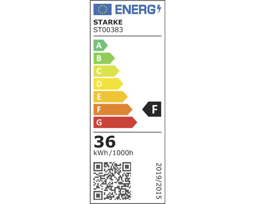 Etichetă energetică marca Starke, clasa de eficiență energetică F, consum 36 kWh la 1000 ore