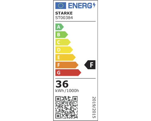 Etichetă energetică cu clasa de eficiență energetică F, consum de energie 36 kilowați-oră la 1000 de ore