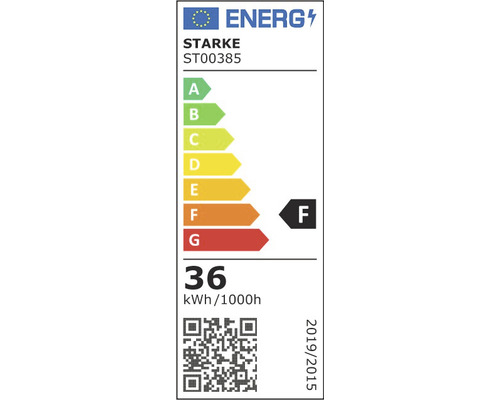 Etichetă energetică cu clasa de eficiență energetică F, un consum de energie de 36 kilowați-oră la 1000 de ore și marca Starke