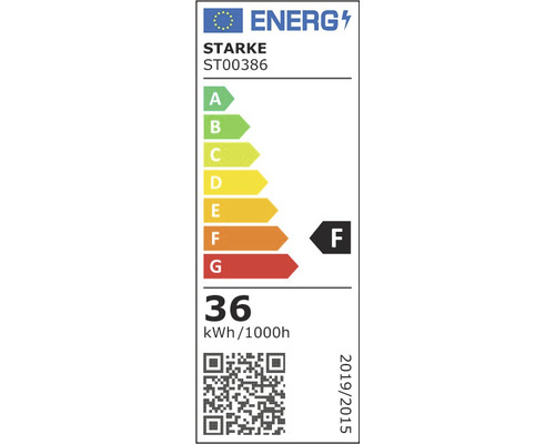 Etichetă de eficiență energetică Starke ST00386 cu clasa de eficiență energetică F și un consum de 36 kWh la 1000 de ore