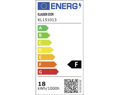 Etichetă energetică cu clasa de eficiență energetică F, un consum anual de energie de 18 kilowați oră la 1000 de ore și sigla companiei Klausen Exim.