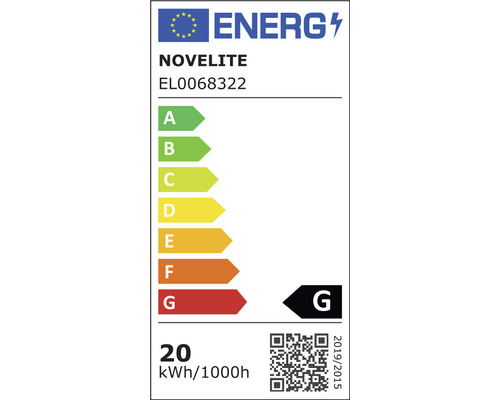 Etichetă energetică marca Novelite, clasa de eficiență energetică G