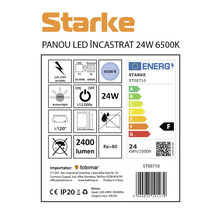 Logo Starke. Informații despre panoul LED încastrat de 24 wați 6500 Kelvin.