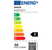 Etichetă energetică cu clasa de eficiență energetică F și un consum de 36 kWh la 1000 de ore