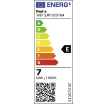 Eticheta energetică Nedis WIFILRF10ST64 cu clasa de eficiență energetică E și un consum de 7 kWh la 1000 de ore