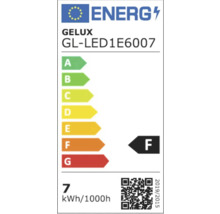 Etichetă energetică GELUX GL-LED1E6007 cu clasa de eficiență energetică F și un consum de energie de 7 kilowați oră la 1000 de ore