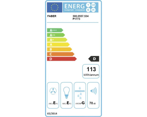 Etichetă de eficiență energetică pentru produsele Faber cu specificațiile clasa de eficiență energetică D, consum anual de energie 113 kWh pe an și nivel de zgomot de 70 decibeli